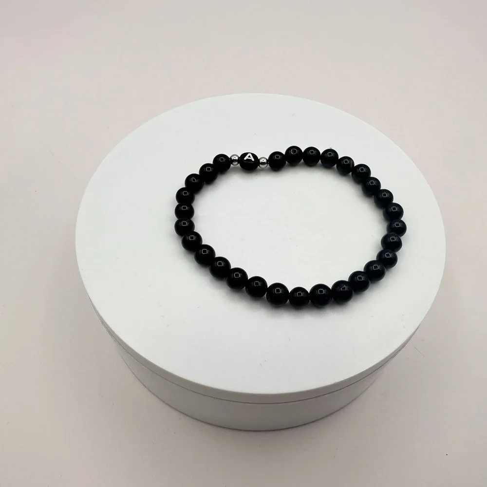 Vintage 90s Silver-Tone A Initial Black Beaded Stretch Bracelet Classic Jewelry
